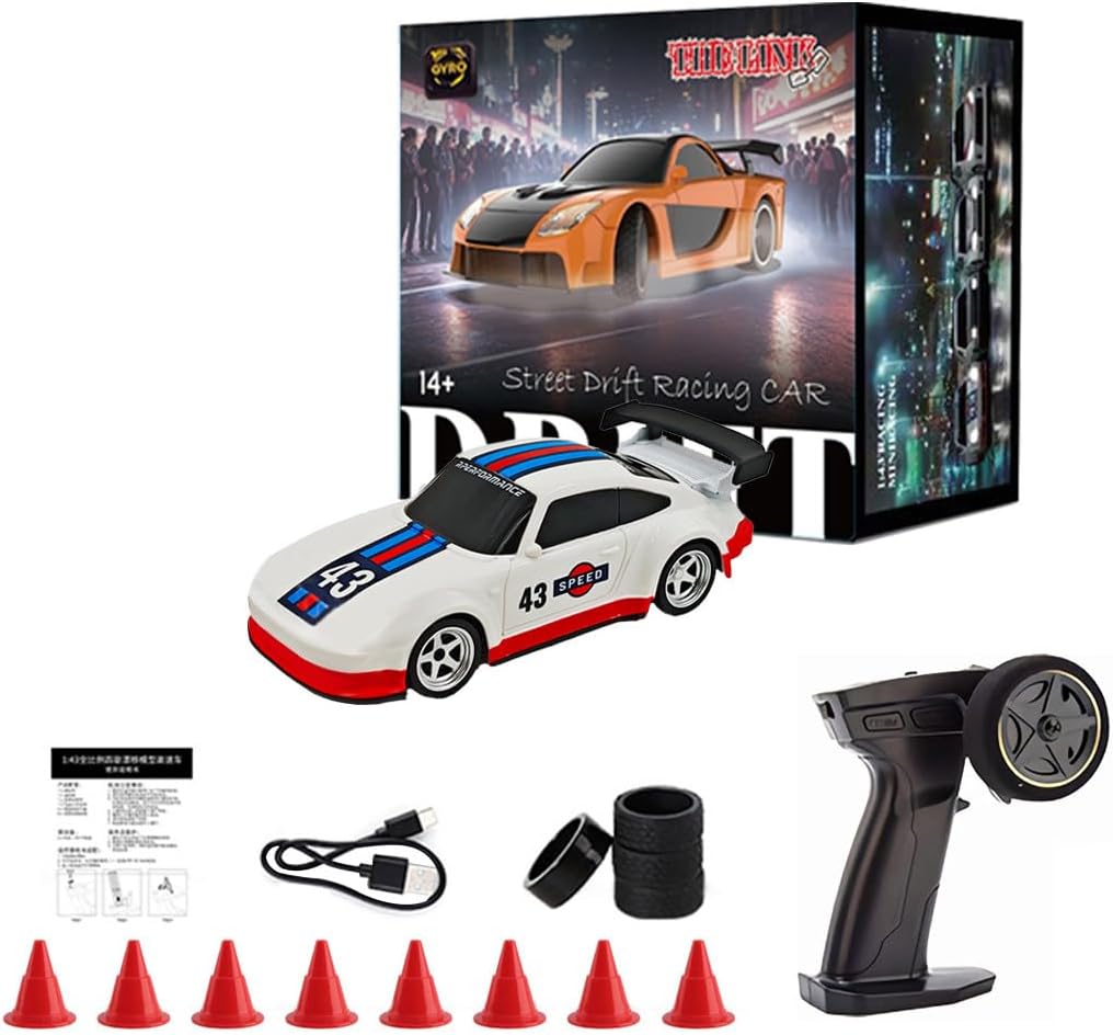 1/43 Scale RC Mini Drift Car, 2.4GHz Full Proportional 4WD Remote Control Racing Cars Model with Lights, Li-po Battery 15KM/H and 30 Minutes Runtime (RTR) - Gyro Version
