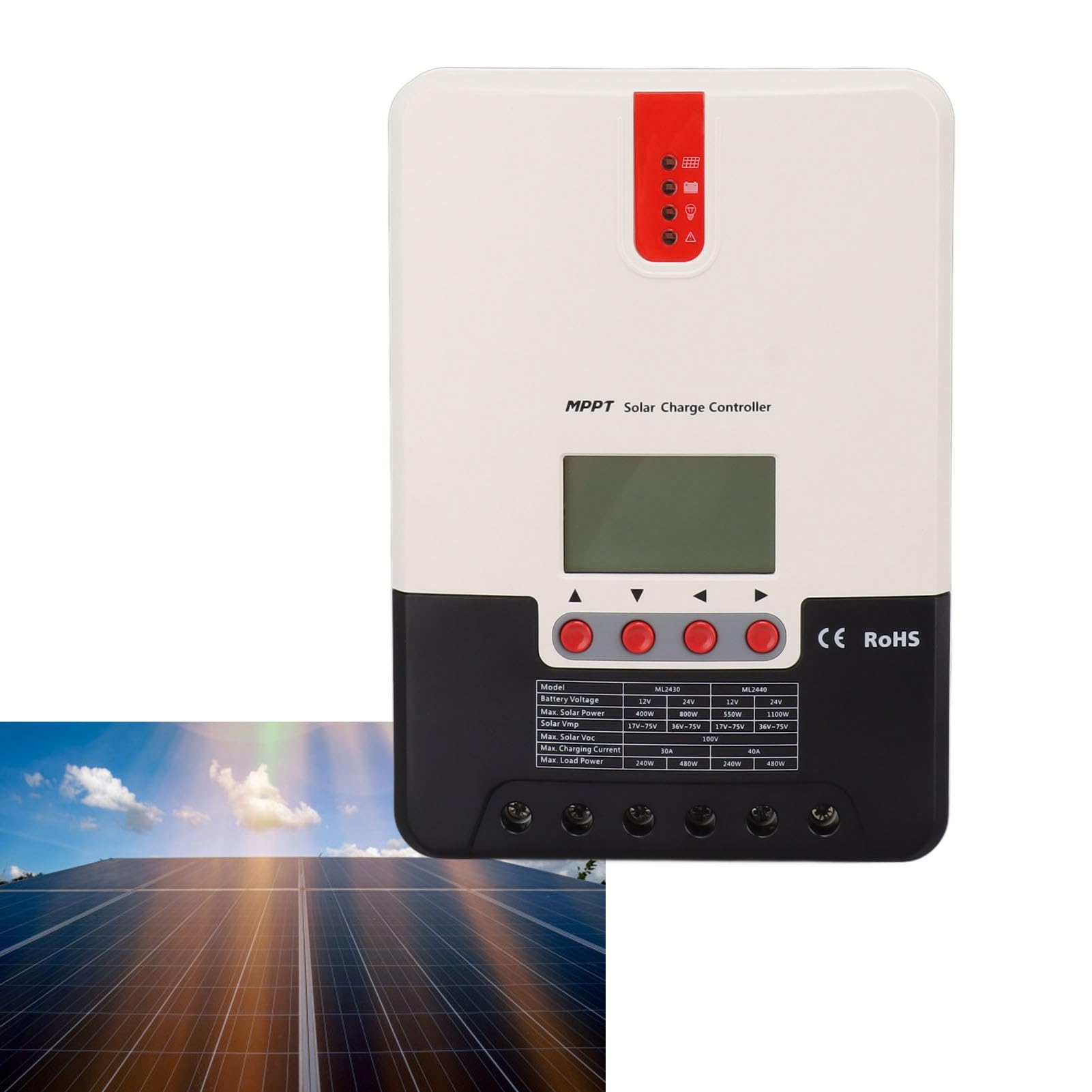 Controlador de Carga Solar MPPT de 40 A, Parámetro Eficiente Ajustable para Batería de Litio, Regulador de Panel Solar con Pantalla LCD para Camping RV
