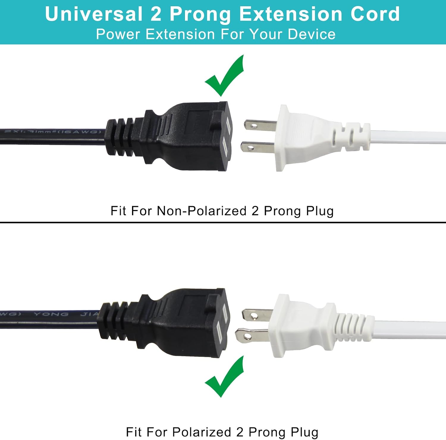3FT Polarized 2Prong Extension Cord - Black Replacement US AC Two Prong Male to Female Extension Cord,16AWG 13A 125V Short Low Profile Flat Appliance Power Cord for Outlet Saver, Christmas Light image 4