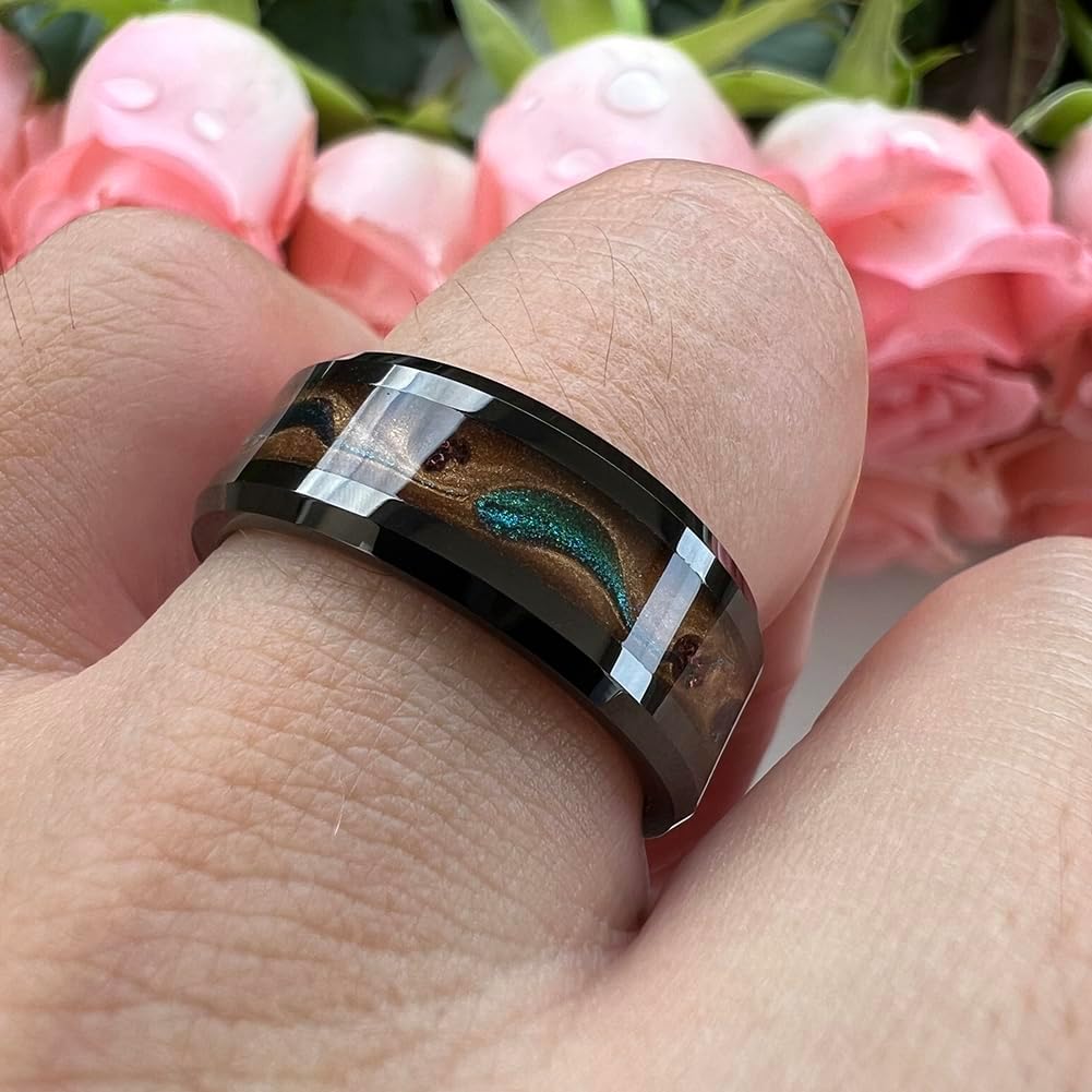 TUTISS 8mm Black Tungsten Rings for Men Women Flowing Sand Inlay Fashion Engagement Promise Wedding Band Beveled Polished Shiny Comfort Fit