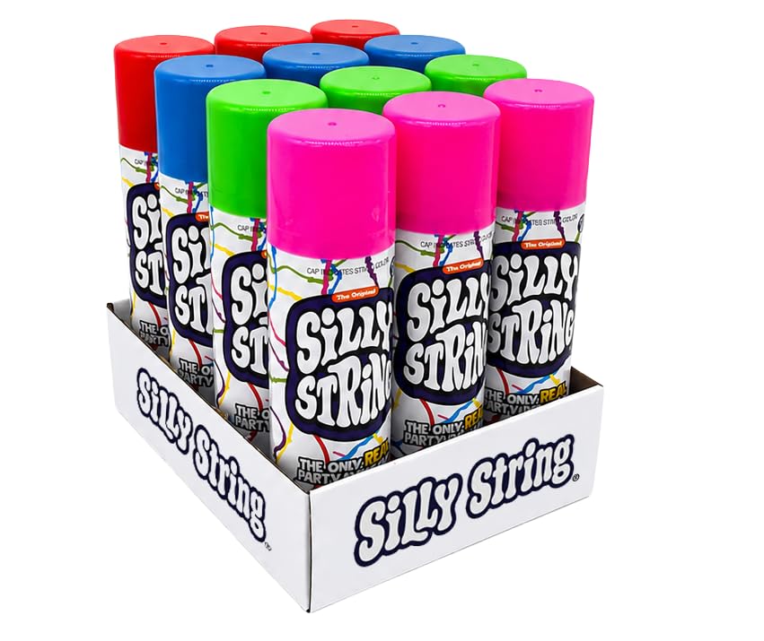 The Original Silly String! Silly String Party Pack 12 pack Assorted Colors 3oz Large Can The Only REAL Party in a Can! Be Silly! Shoots over 15ft!
