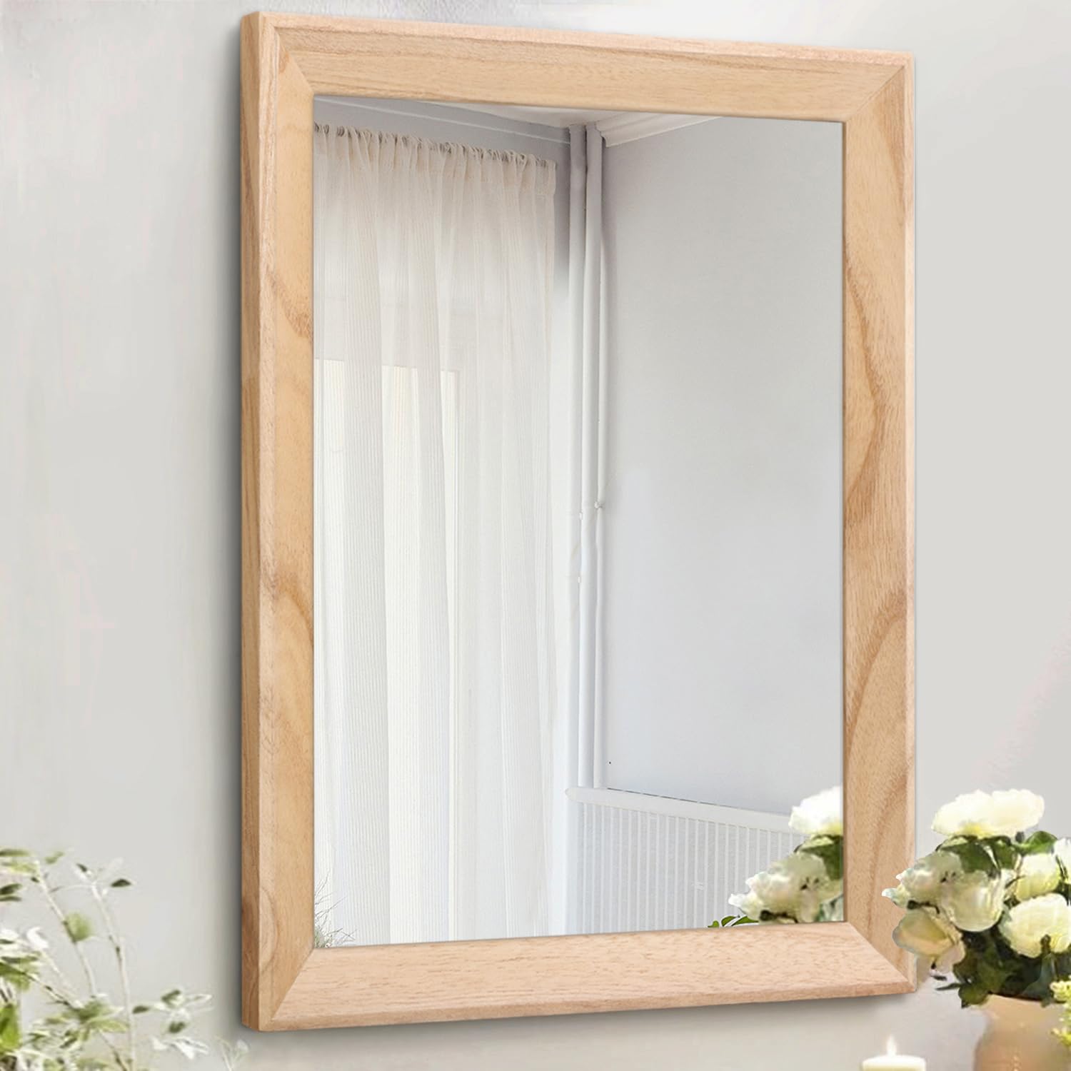 AAZZKANG Rustic Mirrors for Wall Rectangle Wood Frame Mirror Decorative for Farmhouse Bedroom Bathroom Living Room Large 20"x16"