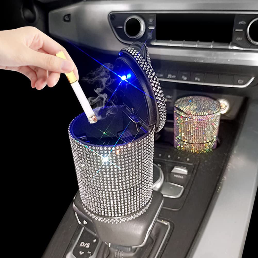 Bling Crystal Car Ashtray Cigarettes with Colorful Rhinestones Auto Vehicle Air Vent Multifunctional Ash Holder Container with Blue LED Light for Women Car Trash Can
