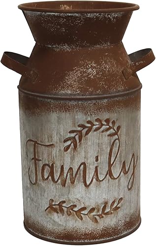 Lata de leche galvanizada con saludos, florero retro antiguo, maceta de metal, rústico, vintage, primitivo, soporte para flores, planta de campo