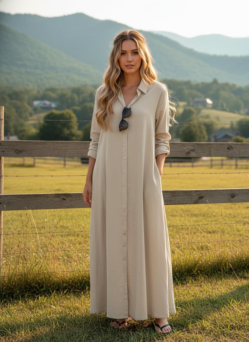 Womens Linen Cotton Boho Floral Maxi Button Down Shirt Dresses Plus Size Long Sleeve Beach Casual Loose Tunic Dress for Women - Image 3