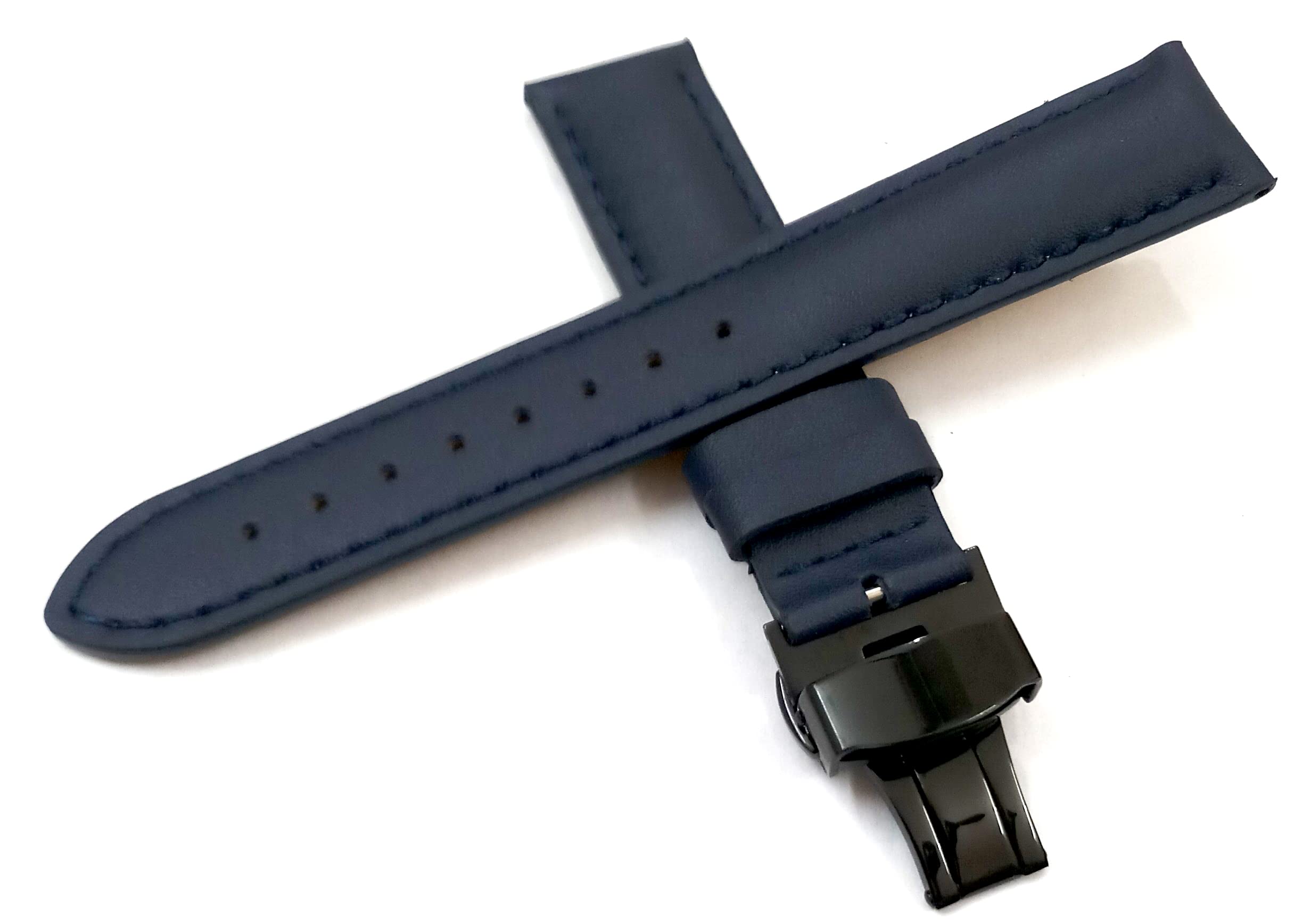 20mm Genuine Leather Watch Band Strap Fits BL8000-54L Eco-Drive Calibre 8700, 8700 Blue Deployment Black Buckle