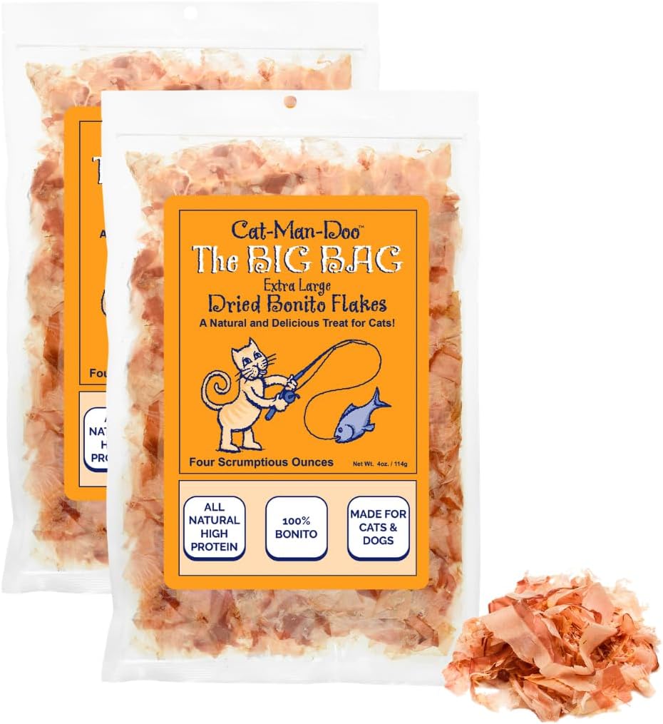 Cat-Man-Doo Extra Large Dried Bonito Flakes Treats for Dogs & Cats - All Natural High Protein Flakes - 4oz Bag (2 Pack)