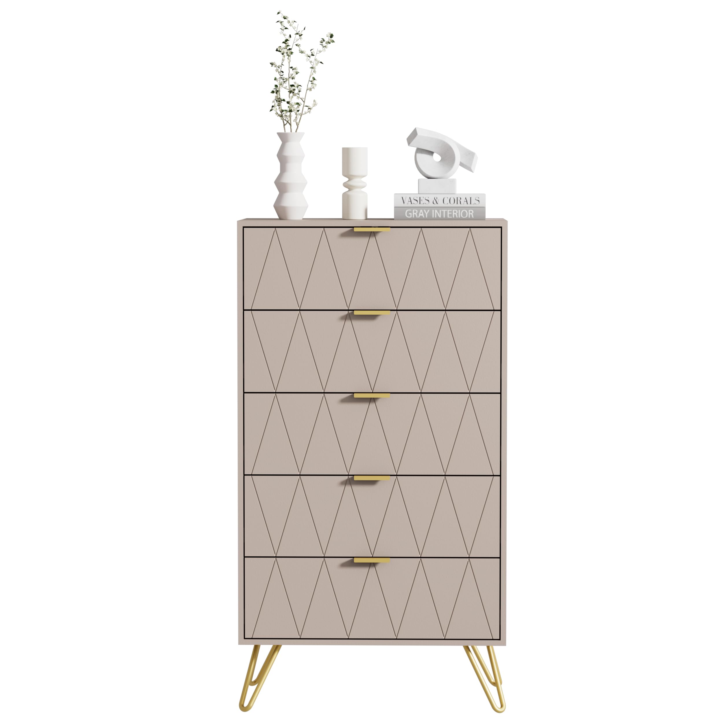 UEV Cassettiera a 5 Cassetti con Motivo a Linea, 60x34x110cm, Beige Moca