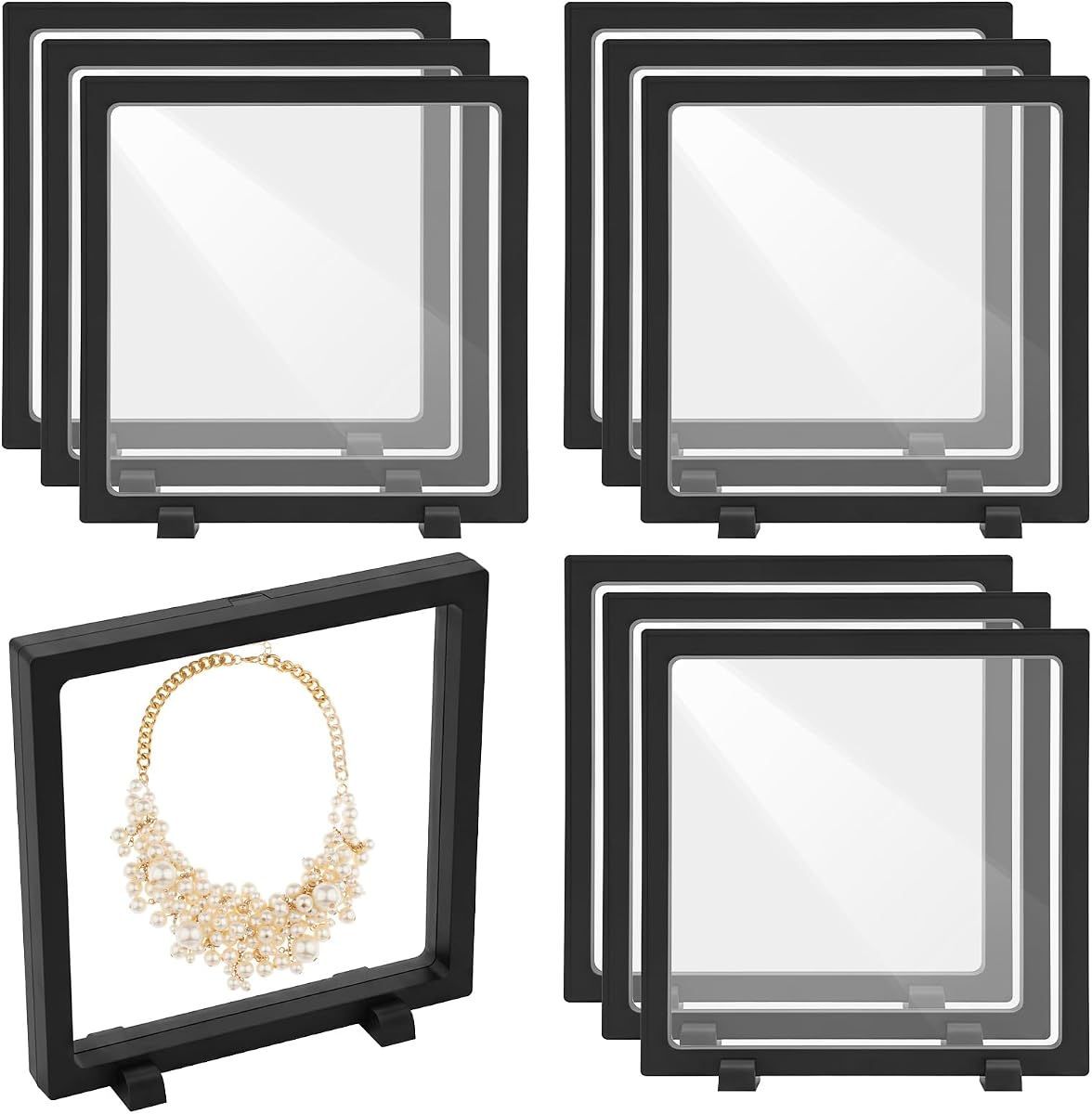 10Pcs 3D Floating Frame Display Case, 7x7x0.8 inch Transparent PE Film Suspension Storage Box with Stands, Floating Frame Display Holder Stand for Jewelry Coins Medals Collectibles, Fossils