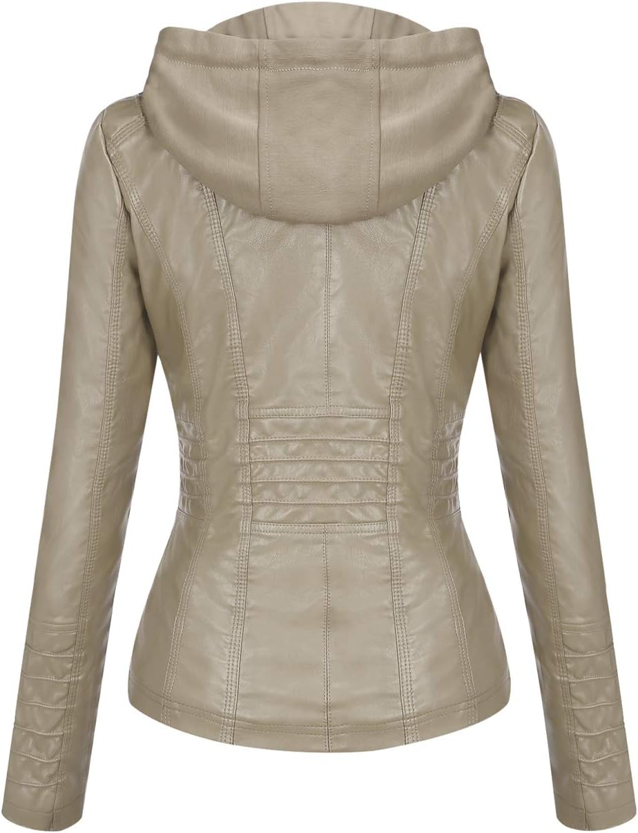 Springrain Women's Faux Leather Jacket Moto Biker Coat with Detachable Hood Motorcycle Jacket - Image 2