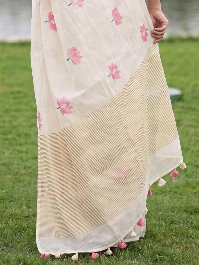 Image of Women's Linen Cotton Blend Saree Multicolor Ikat Brush Print Scalloped Border with Floral Print Unstitched Blouse Piece