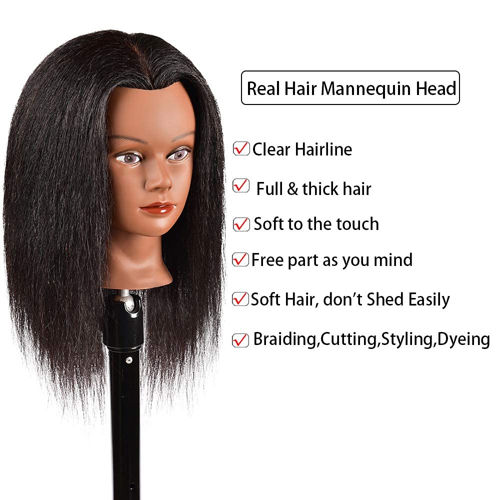 100% Real Hair Mannequin Head Hair Styling Training Head Manikin Cosmetology Doll Head Hairdresser Practice Training Head Hair Mannequin for Braiding Mannequin Head Doll for Girls
