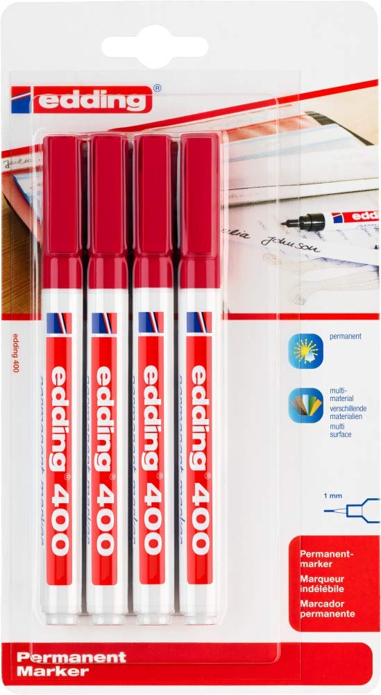 edding 400 permanent marker, red, 4 pens, fine round nib 1 mm, waterproof, quick-drying, smear-proof pens - Image 2