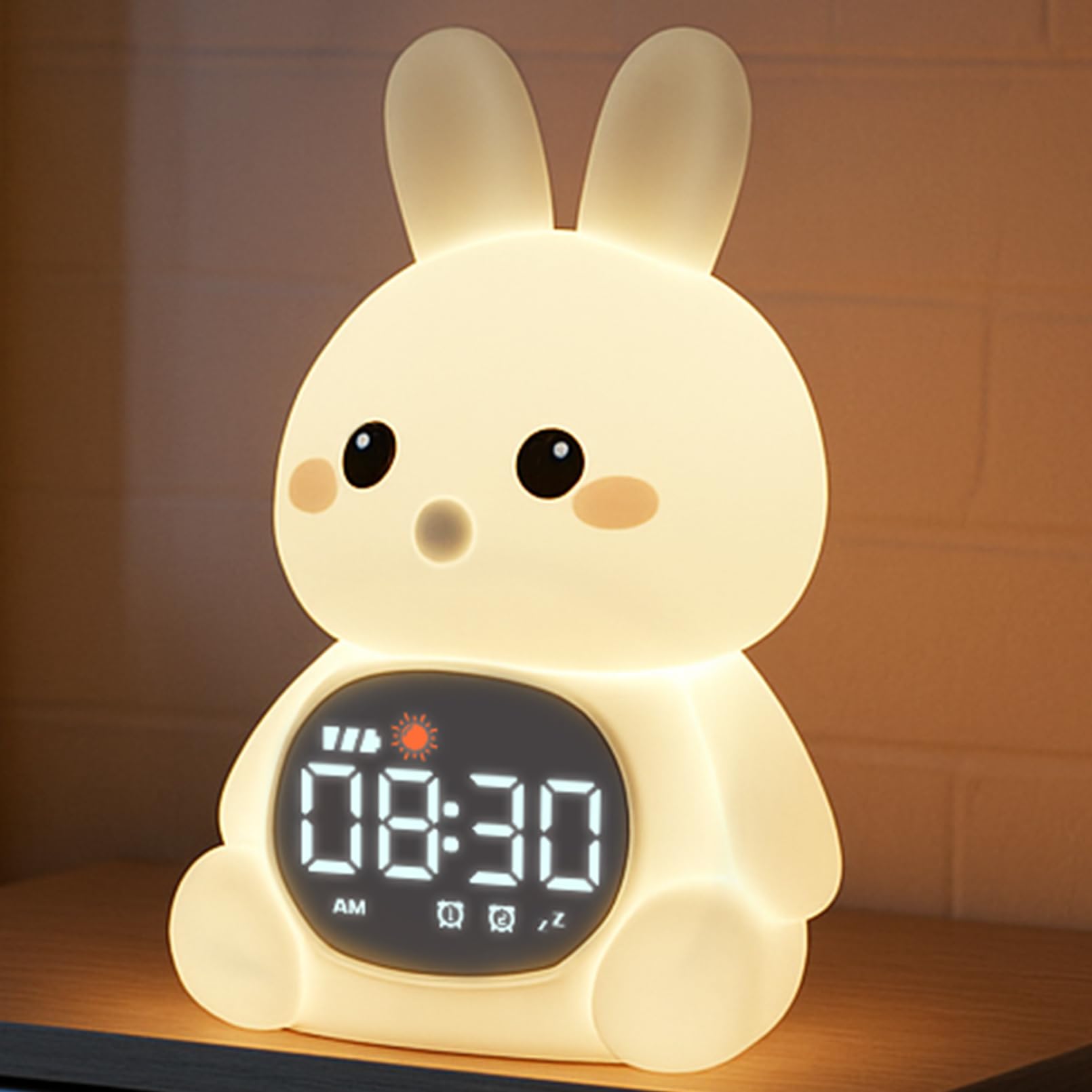 MASHI Reloj despertador de conejo, reloj de entrenamiento para dormir con sol y luna, máquina de sonido para dormir, luces nocturnas, reloj despertador para niños, ideas para niños
