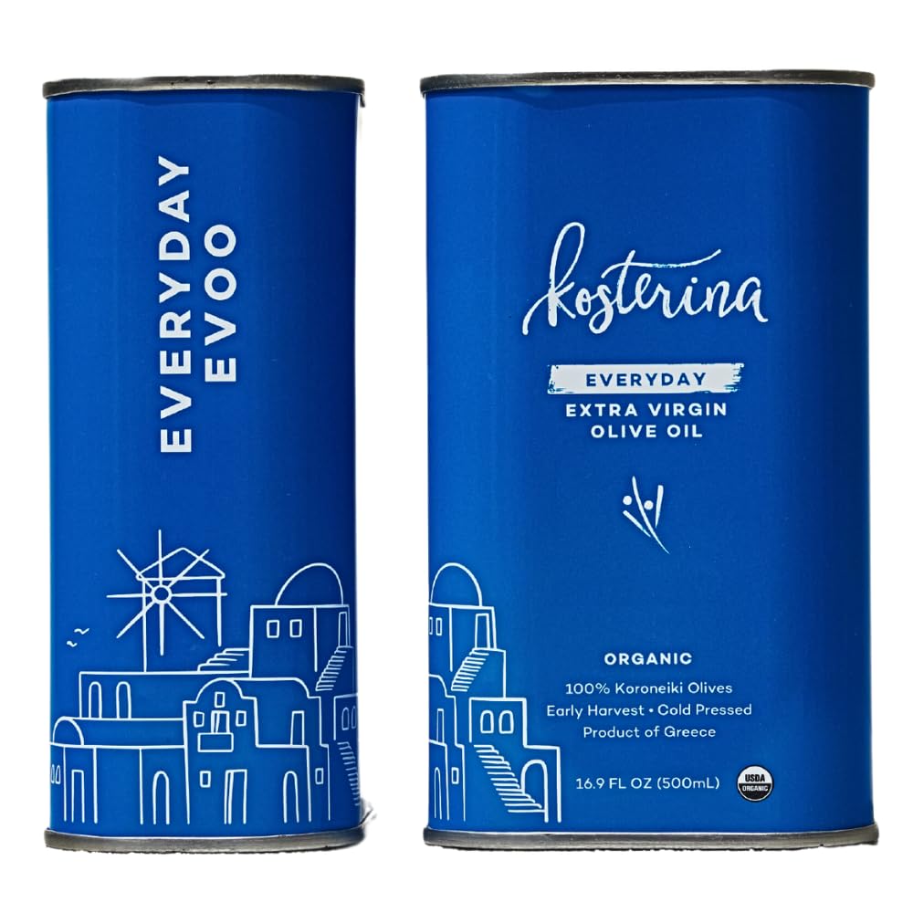 Kosterina - Everyday Organic Extra Virgin Olive Oil, High Heat Cooking Greek EVOO, Made from 100% Pure Early Harvest Koroneiki Olives, Natural Superfood, Polyphenol Rich, High Antioxidants, Tin | 16.9oz (500ml)