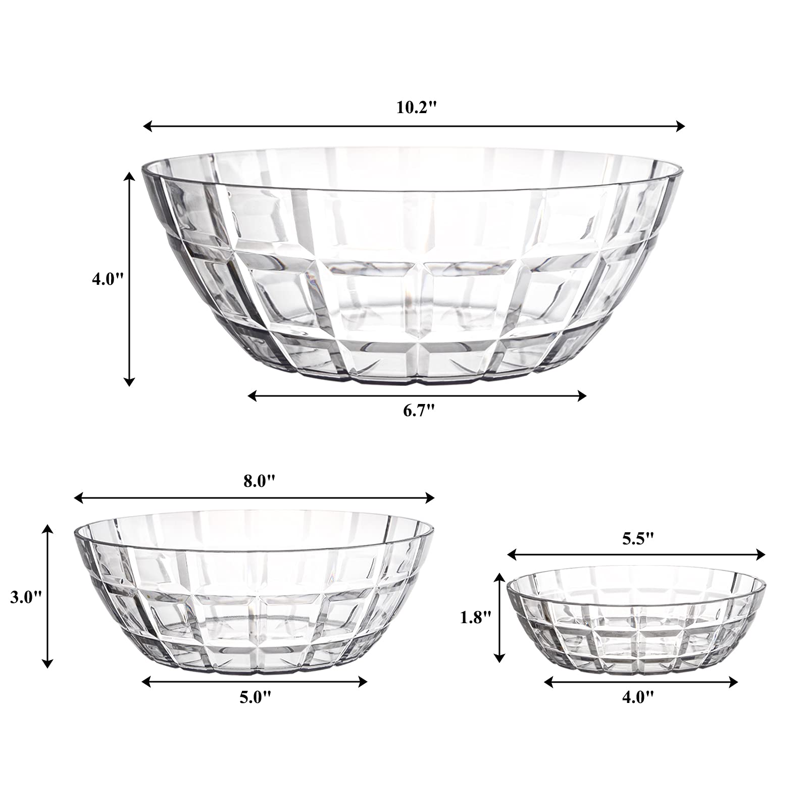 Okllen Zestaw 3 szt. przezroczystych plastikowych salaterek, 396,9 g/1,47 g/3,260 g, do mieszania i serwowania popcornu, chipsów i sosów, tekstura siatki, odporna na pękanie