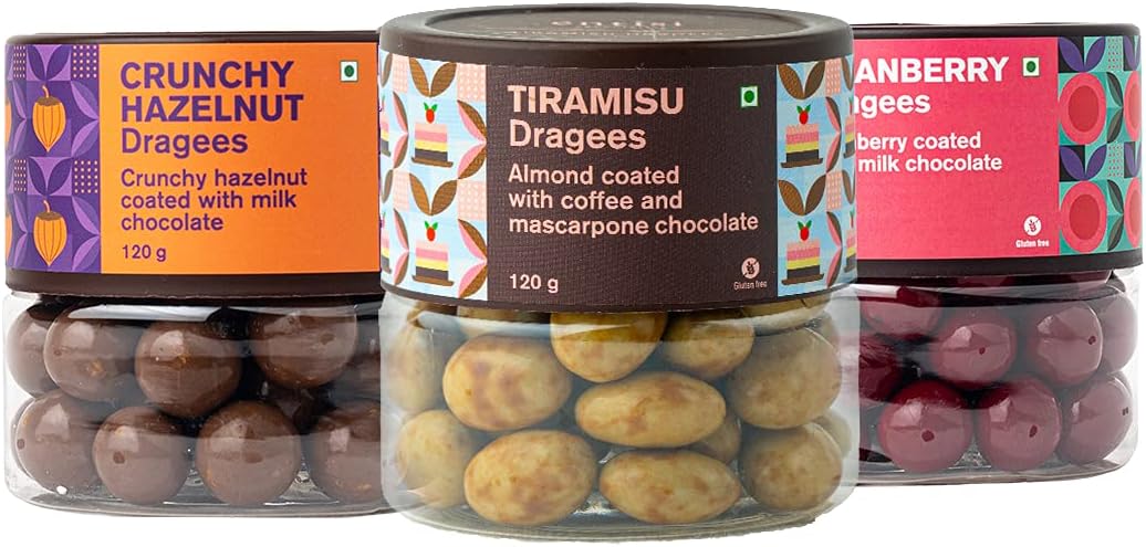 Entisi Premium Chocolate Coated Crunchy Hazelnut, Tiramisu & Cranberry Dragees Jar - (120g Each, Pack of 3)