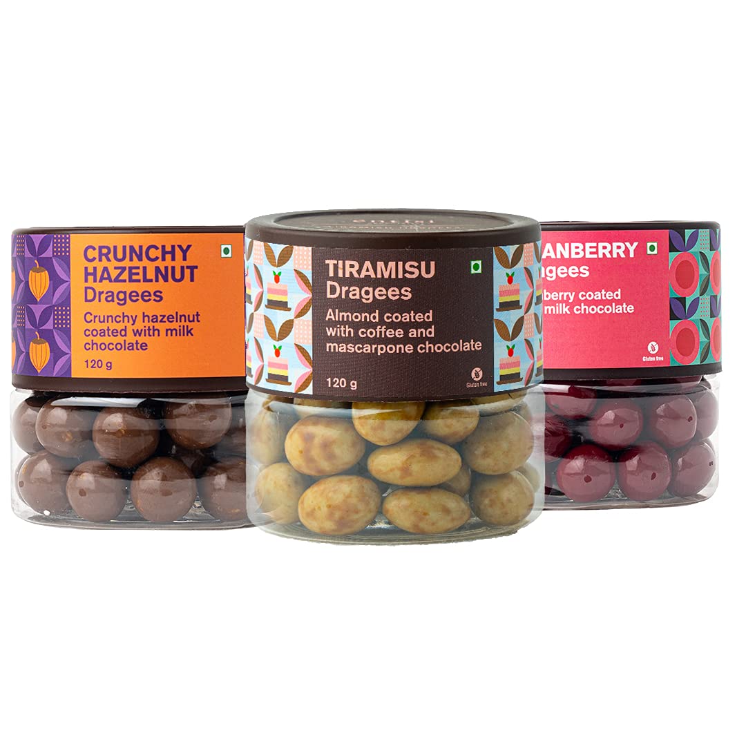 Premium Chocolate Coated Crunchy Hazelnut, Tiramisu & Cranberry Dragees Jar - (120g Each, Pack of 3)