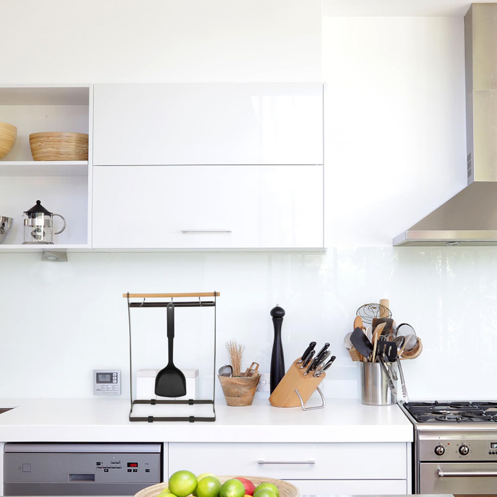 Kichvoe Porta Utensili da Cucina Nero in Legno e Ferro Ganci