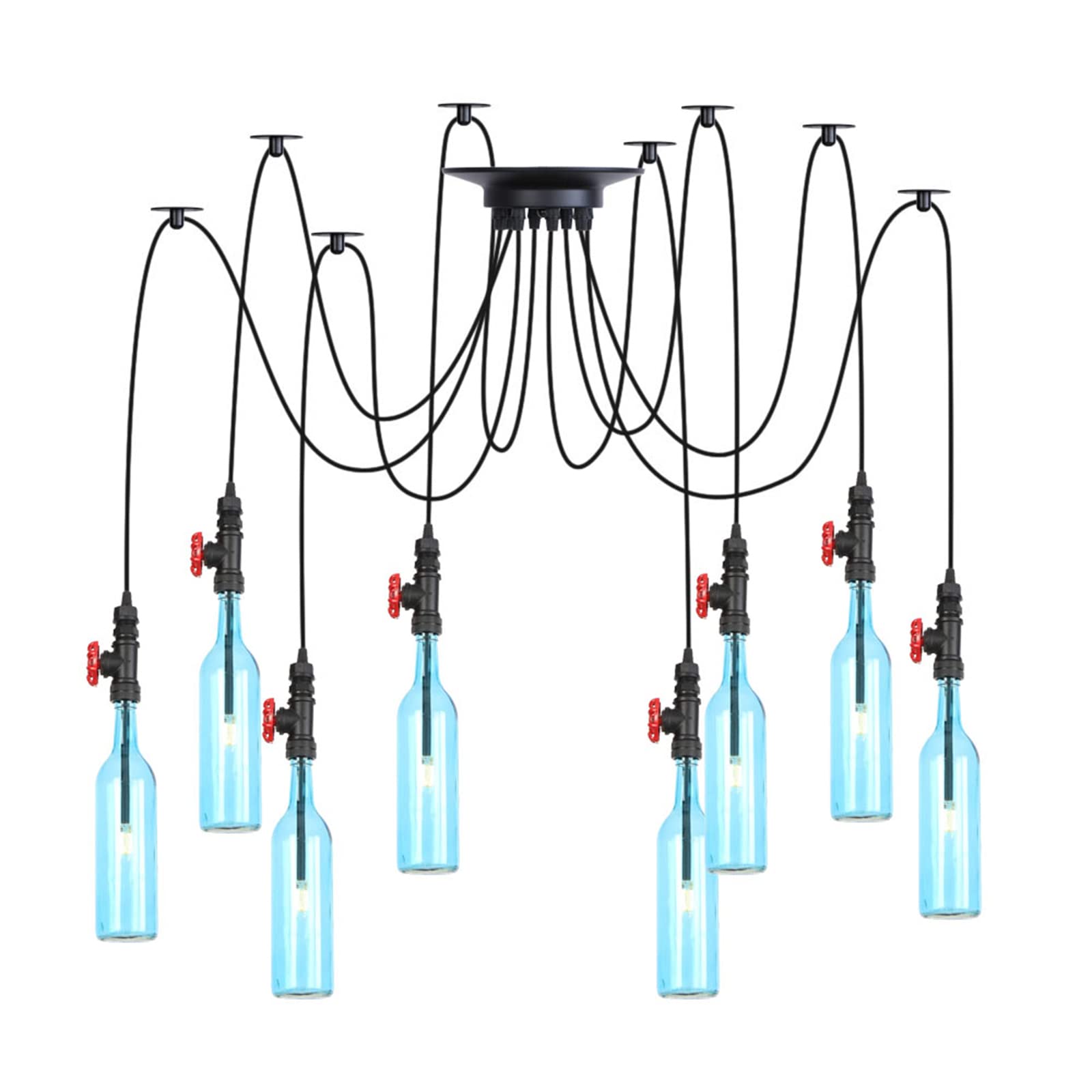 DMNSDD 8-Light Pendant Lights, Glass Wine Bottle Shade Adjustable DIY Ceiling Spider Lamp, Industrial Vintage Chandelier Hanging Lighting for Bar,Blue