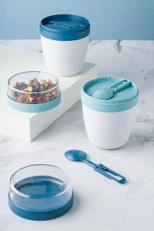 2'Li Set Taşınabilir Kaşıklı Yoğurt Kabı - 700 Ml Pratik Yemek Saklama Ve Müsli Kabı Lacivert-Turkuaz, 7480000717645