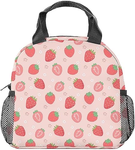 Lonchera de fresa para niños, lonchera aislada para niñas, color rosa, lindas bolsas de almuerzo con bolsillos, bolsa de almuerzo reutilizable