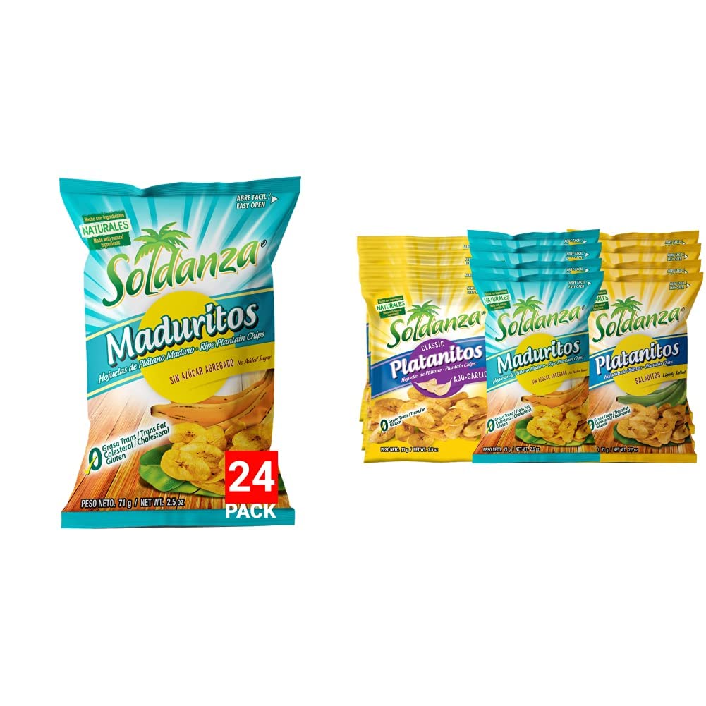 soldanzaMaduritos Plantain Chips, Ripe, 2.5 Ounce (Pack of 24) + Soldanza Plantain Chips, Variety Pack 2.5 oz (Pack of 12) 4 x Salted, 4 x Ripe, 4 x Garlic