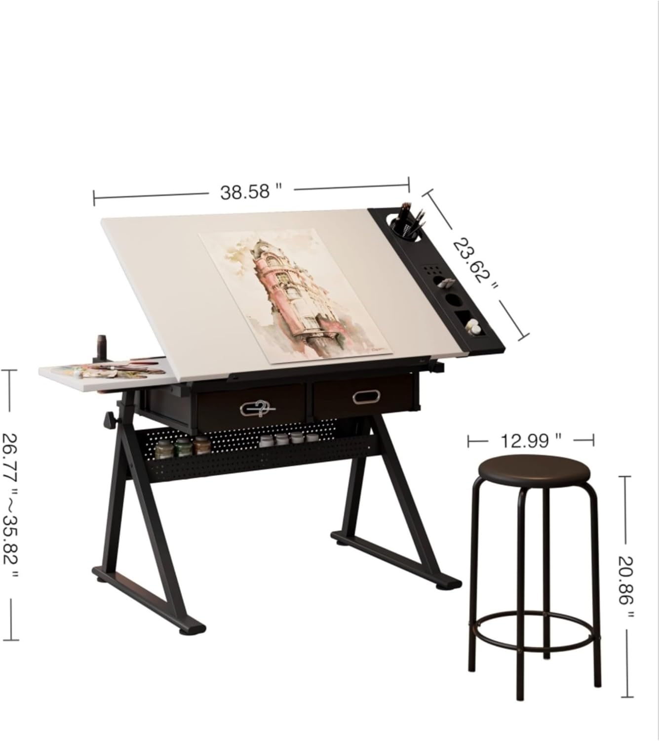 Adjustable Drafting Table Desk with Tilting Surface and Storage Drawers for Artists Students Professionals Home Office Studio Workstation Including Stool for Ergonomic Seating Support (White)