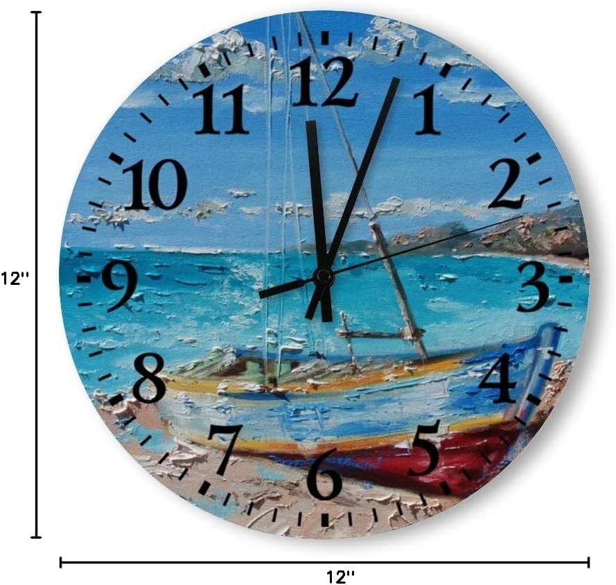 Digital Wood Clock Blue Color Boat Non-Ticking Battery Operated Wall Wooden Clock for Bedroom Living Room Office Farmhouse Vintage Home Decor Wall Hanging Art Decoration