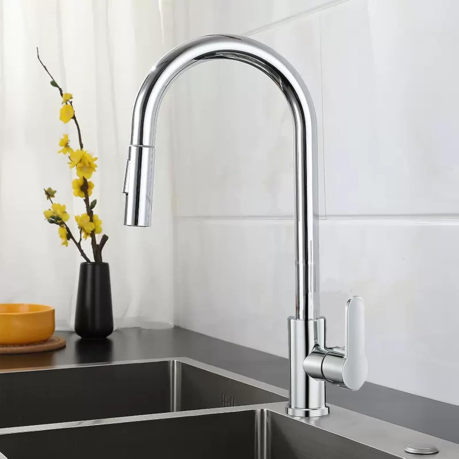 XWIHTR Rubinetto da cucina estraibile, girevole a 360°, rubinetto da cucina in acciaio inox a 2 funzioni, rubinetto da cucina ad alta pressione, miscelatore per lavello (spazzolato)