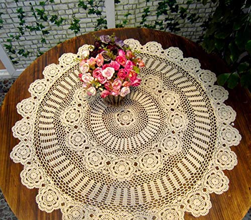 Damanni Beige Cotton Handmade Crochet Lace Tablecloth Doilies Table Overlay,Round,35 Inch #TOP13