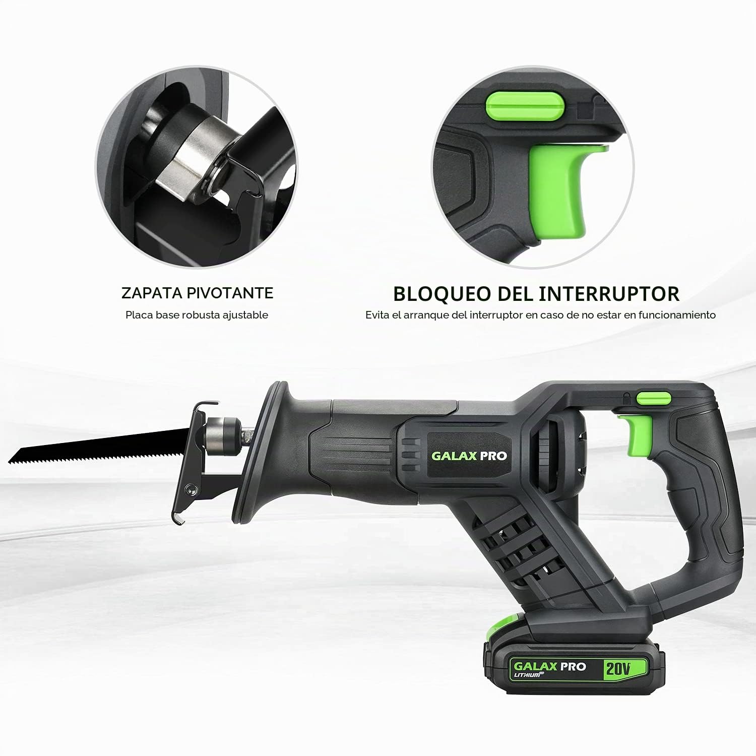 GALAX PRO Sierra Sable Bateria 20V con Cargador,3000 SPM Sierra Sable con 3 hojas de sierra para madera, 2 hojas de sierra para metal, longitud de carrera de 22 mm,Ideal para Cortar Madera y Metal