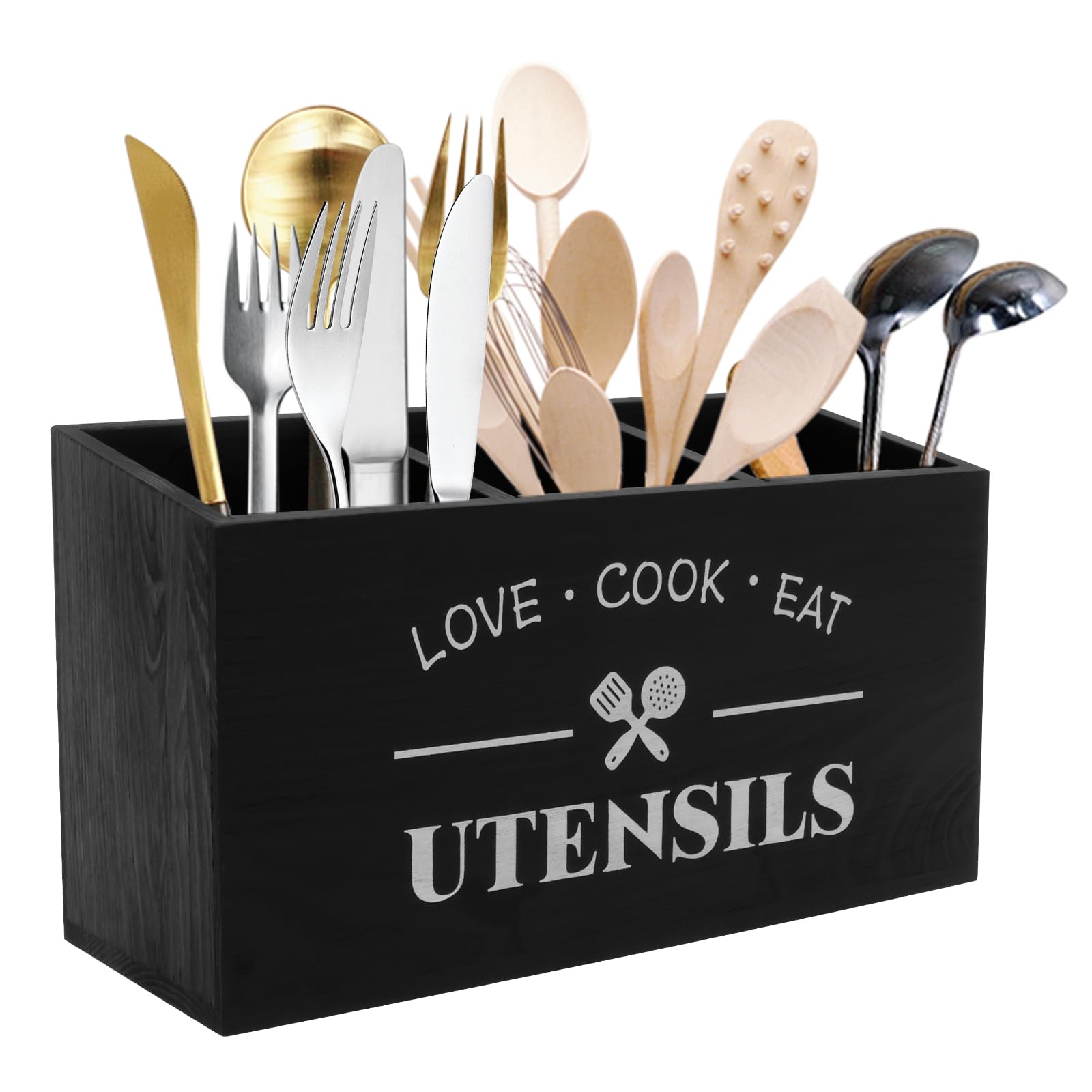 Nzwbshssp Black Kitchen Utensils Holder 3 Compartments Utensil Organizer Cooking Cutlery Holder With Drainage Bottom Wooden Flatware Storage Caddy Farmhouse Utensil Caddy For Countertop Decor
