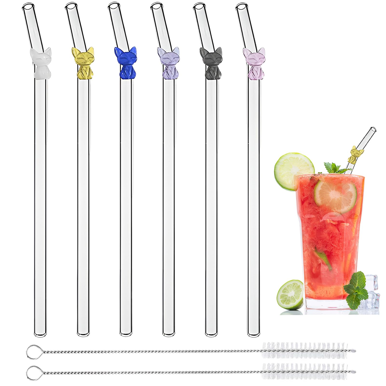 Reusable Glass Straws with Charms, 7.9'' x 8mm Cute Clear Drinking Straws for Smoothies, Coffee, Juice, Milk, Cocktails, Set of 6 Bent and 2 Cleaning Brushes (Colorful Cats)