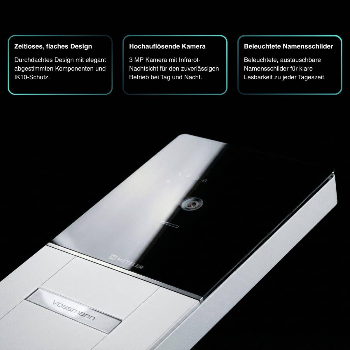 Metzler XDM10 Kit complet d'interphone vidéo avec plaque nominative interchangeable pour 3 maisons familiales | Interphone vidéo avec connexion bus à 2 fils | RAL 9016 blanc trafic | Application
