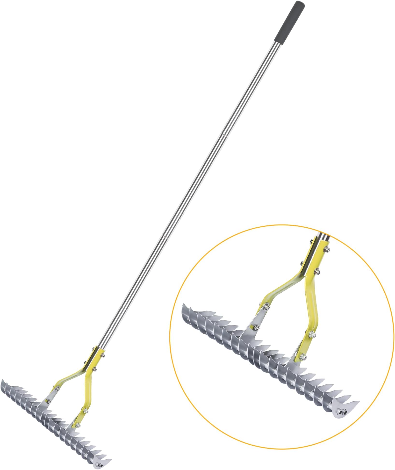 BARAYSTUS Thatch Rake Dethatcher - 15-Inch Wide Lawn Rake for Dead Grass Removal, Stainless Steel Adjustable Handle Garden Rake for Soil Loosening, Aeration & Thatching, 58.5-Inch Length