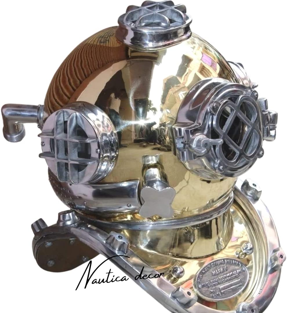 Nautica Decor_ Vintage Style 18" Antique Brass Scuba Deep Sea Diving Divers Helmet Mark V U.S Navy