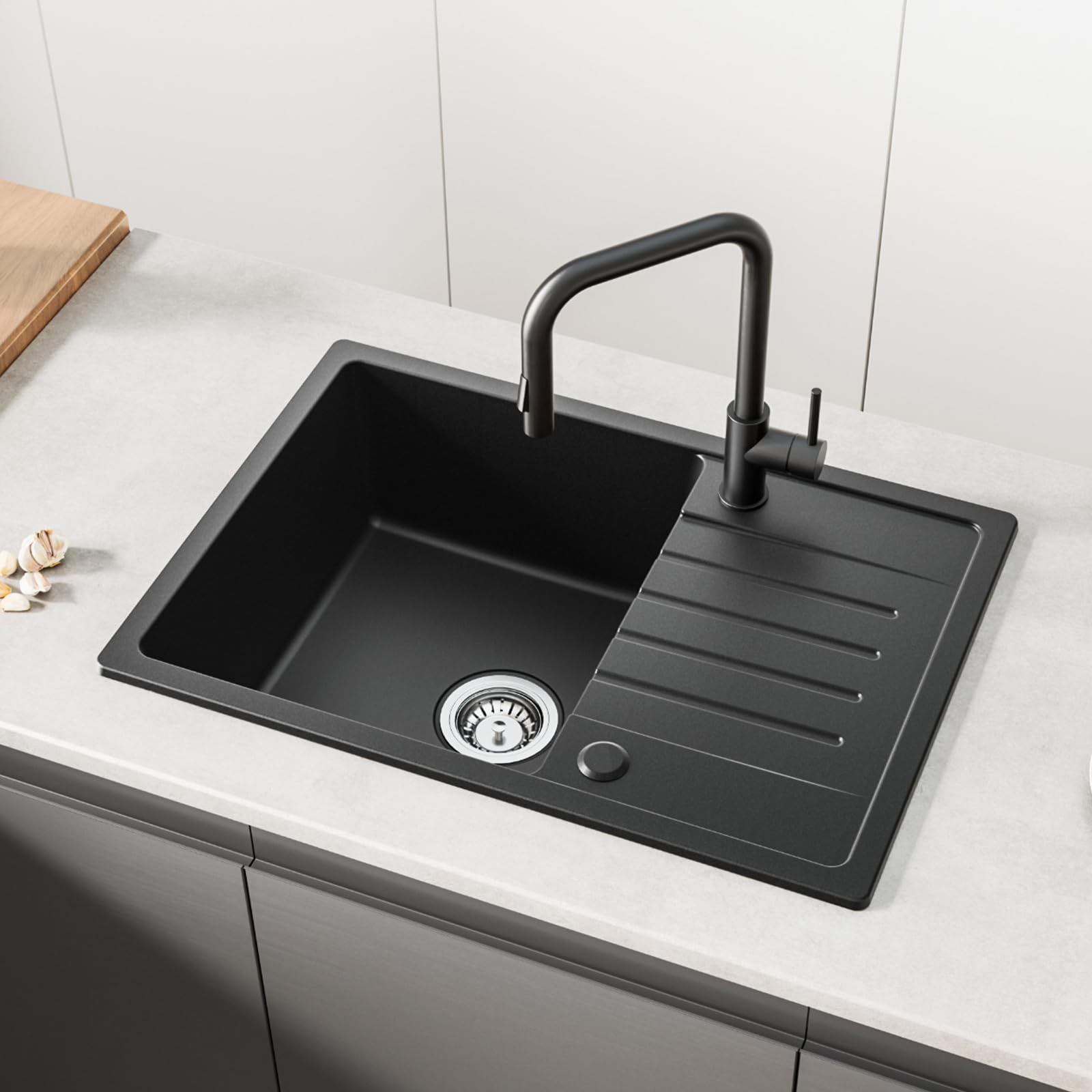 CECIPA Fregadero Cocina 1 Seno con Escurridor 65 x 45 cm, Fregadero Cocina Negro, Fregadero Granito 1 Seno Instalación Reversible, con Sifón Classic y Rebosadero