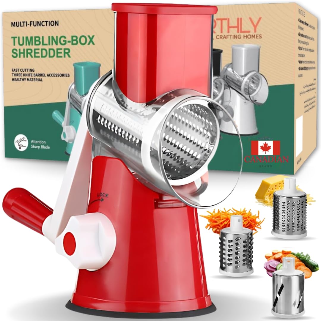 Rallador de queso para triturar queso | Rallador de queso con manivela de mano con 3 cuchillas intercambiables | Rallador de alimentos para frutas, verduras y nueces | Gadget esencial de
