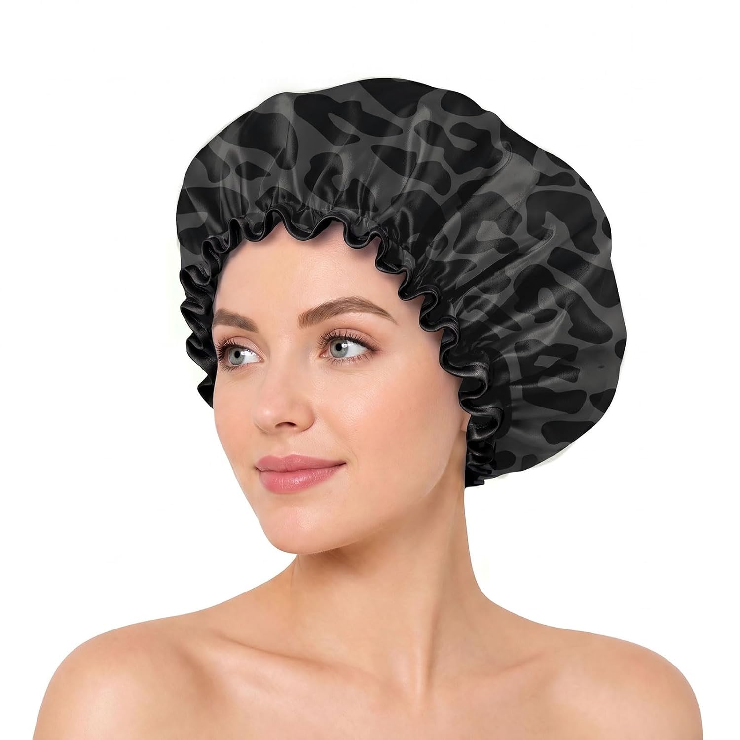 Leopard Black Cheetah Pattern Satin Lined Shower Cap for Women Bath