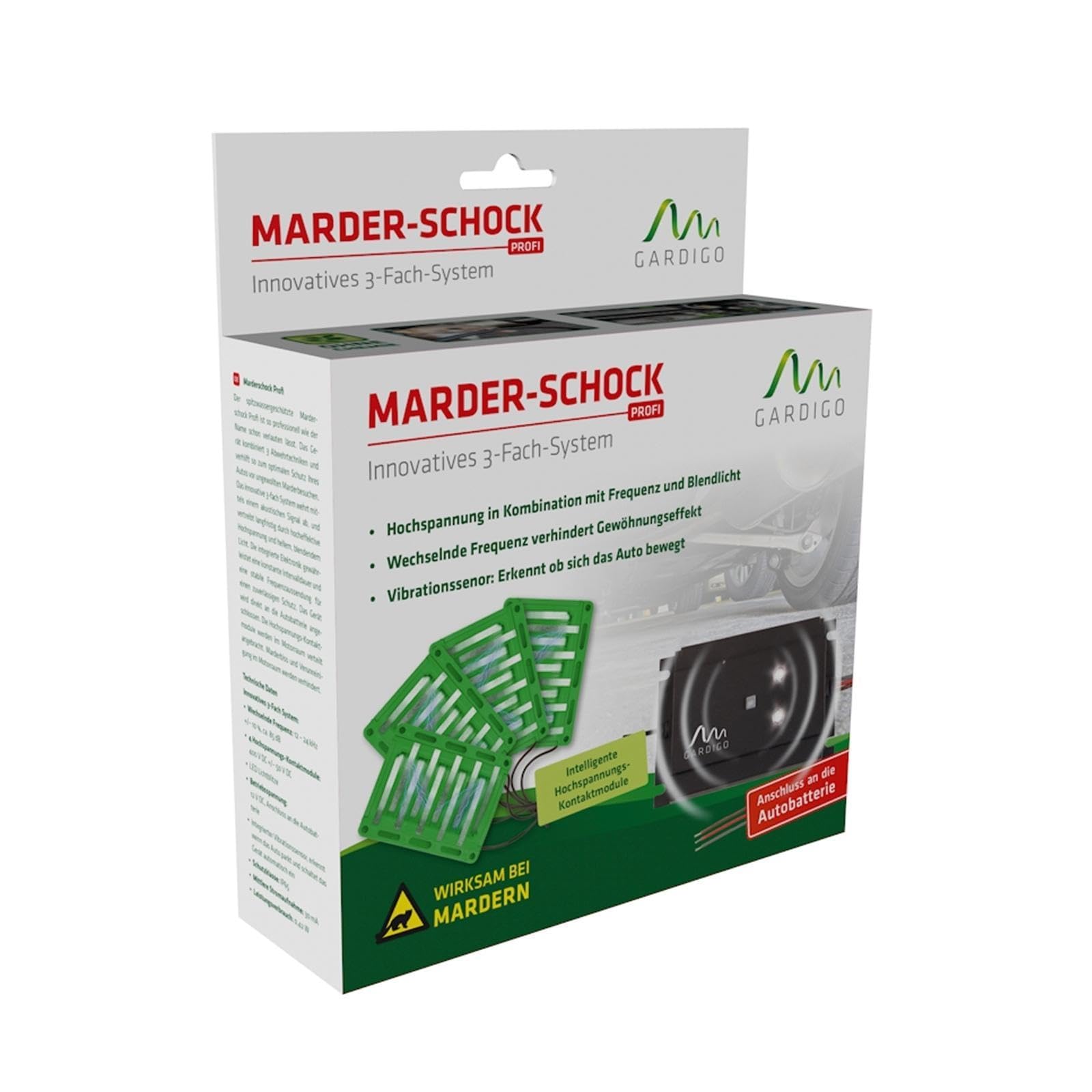 Gardigo® Repellente per Martore Auto con Scossa Elettrica, Tripla Protezione con Ultrasuoni, Luce Flash e Scossa Elettrica, Scaccia Roditori, Donnole, Martore, Procioni dal Vano Motore 400V | 12-24kHz
