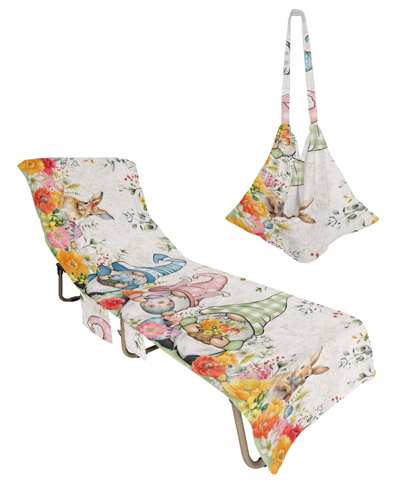 Easter Beach Chair Towel Covers for Chaise Lounge With Side Pocket, Soft Plush Pool Towels Cover for Patio Sunbathing Outdoor 29''x85'' Easter Gnomes Easter Eggs Retro Eucalyptus Leaves