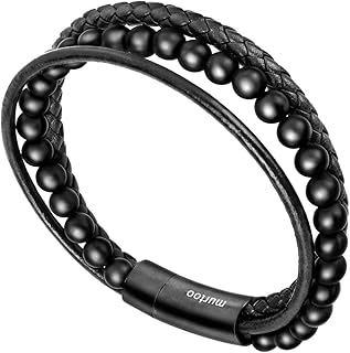 Murtoo Men's Natural Leather and Stone Bracelet with Magnetic Clasp Stainless Steel Bracelet Gift Box (Vintage Black, 21)