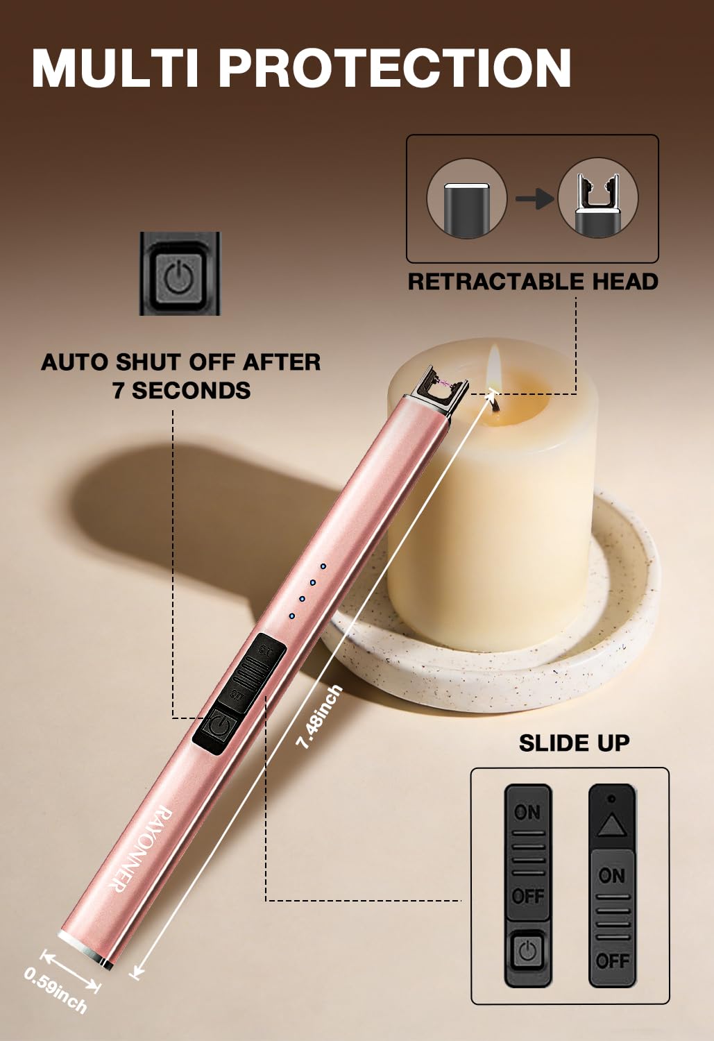 RAYONNER Briquet Electrique USB Arc Plasma Coupe-Vent Or Rose