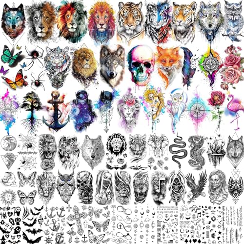 66 Sheets 3D Watercolor Animals Owl Lion Temporary Tattoos For Women Men Adults, Black Wolf Tiger Tattoo Sticker Skull Snake Eagle, Bulk Temp Realistic Fake Tattoos That Look Real And Last Long