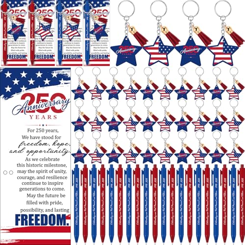 Gersoniel 48 Set 250th Anniversary Pen Gift Bulk for 4th of July USA Star Keychain Ballpoint 1776-2026 Commemorative Pen USA Flag Patriotic Greeting Card for Veteran Independence Day Party Favor Team