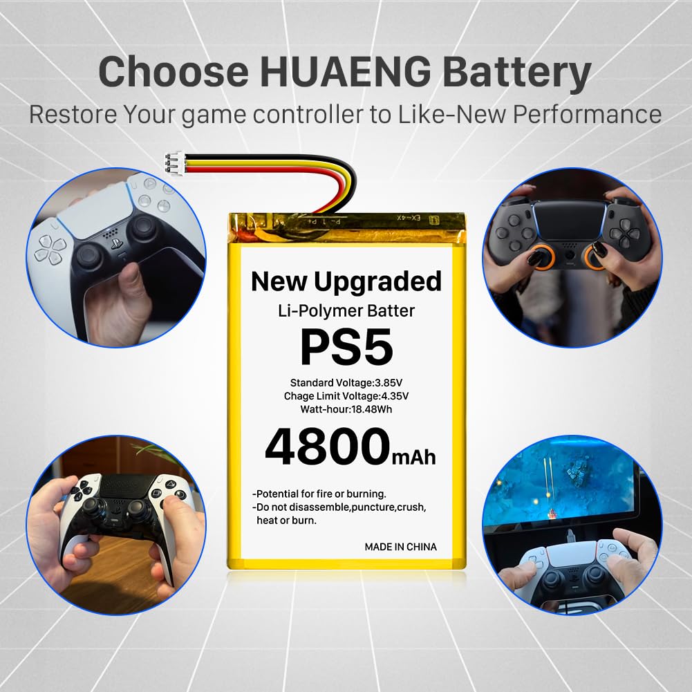 Opakowanie 2 sztuk baterii do kontrolera PS5, [Ulepszona] 4800 mAh LIP1708 litowo-jonowa bateria zamienna do kontrolera Sony Playstation 5 Dualsense CFI-ZCT1W, zastępuje pakiet baterii PS5 LIP1708 z