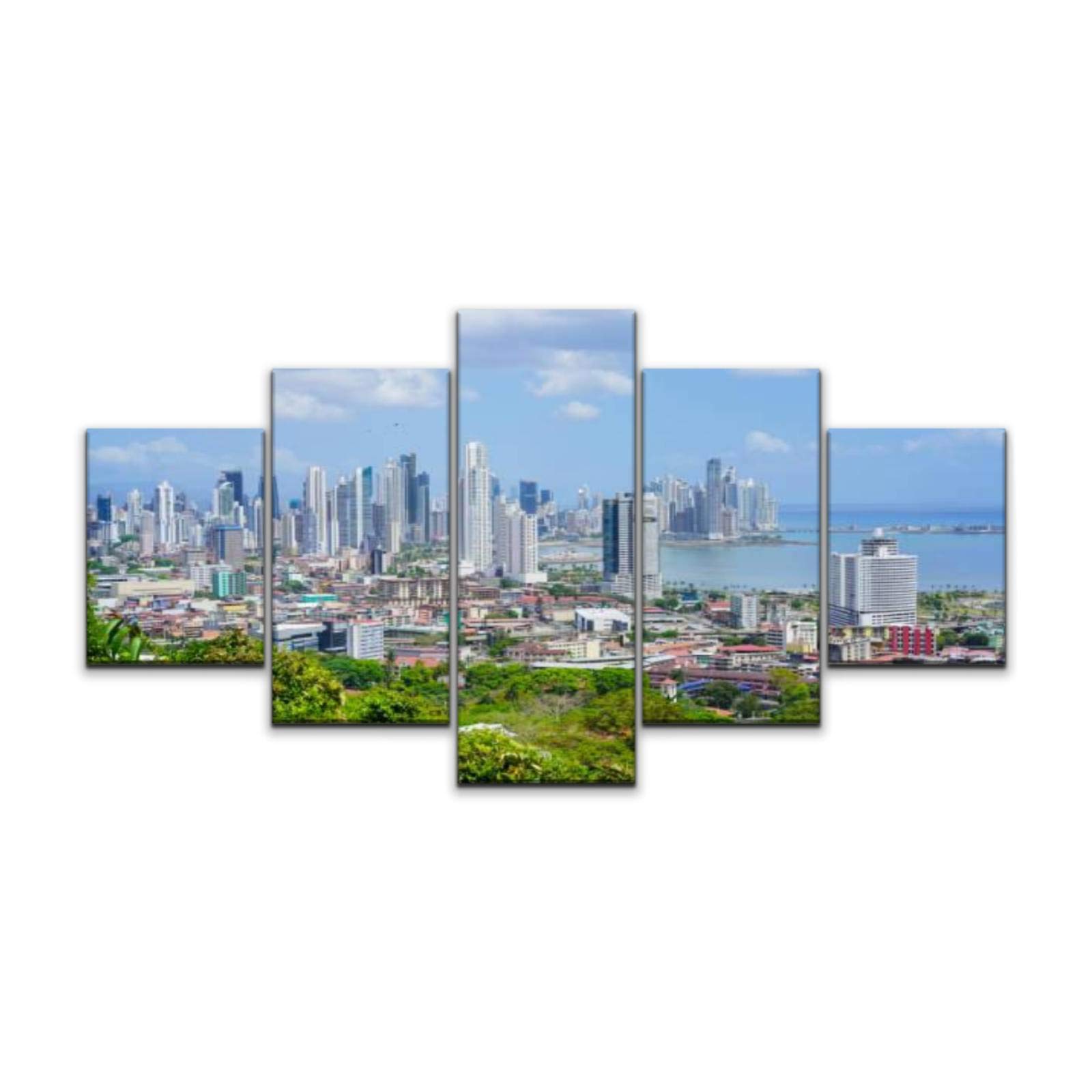 Night in U.S Canvas Art Wall Panama City View from Ancon Hill Panama Paintings Vintage Prints Home Decor Artworks Gift Ready to Hang for Living Room 5 Panels Large Size