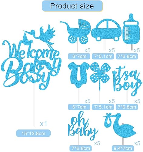 Miniatura 4 de SGKUED - 41 decoraciones azules con purpurina para tartas "Welcome Baby Boy" para niños, fiesta de revelación de género, para estudiantes de primer