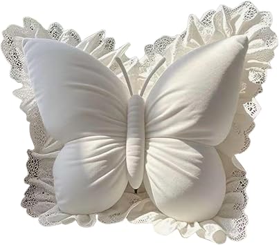 Butterfly Throw Pillow 21.6 21.6inch Plush Velvet Butterfly Pillows with Lace Wings, Soft Stuffed Insect-Shaped Cushion for Bedroom Living Room Sofa Couch Bed White